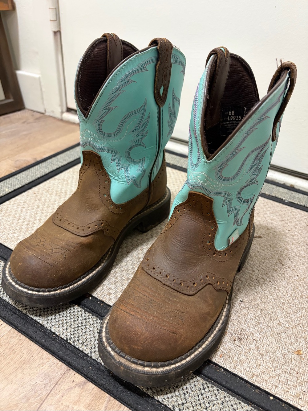 Justin Boots Brown Leather Work Boots with Turquoise Shaft